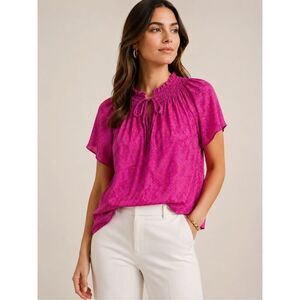 NWOT Rungolee Louise Silk Blouse Pink Floral Smocked Neck Tunic Top Boho Luxe Me